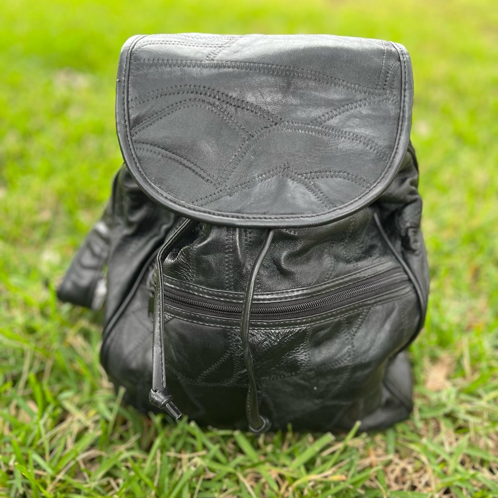 Genuine Black Leather Patchwork Backpack Y2k - image 1